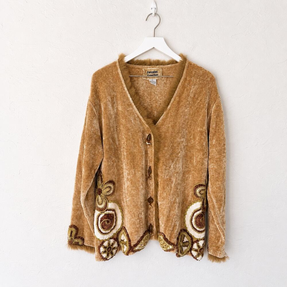 Vintage Sweater Sweater Tan Chenille Plush Trim Cardigan 2XL Whimsygoth Boho Art